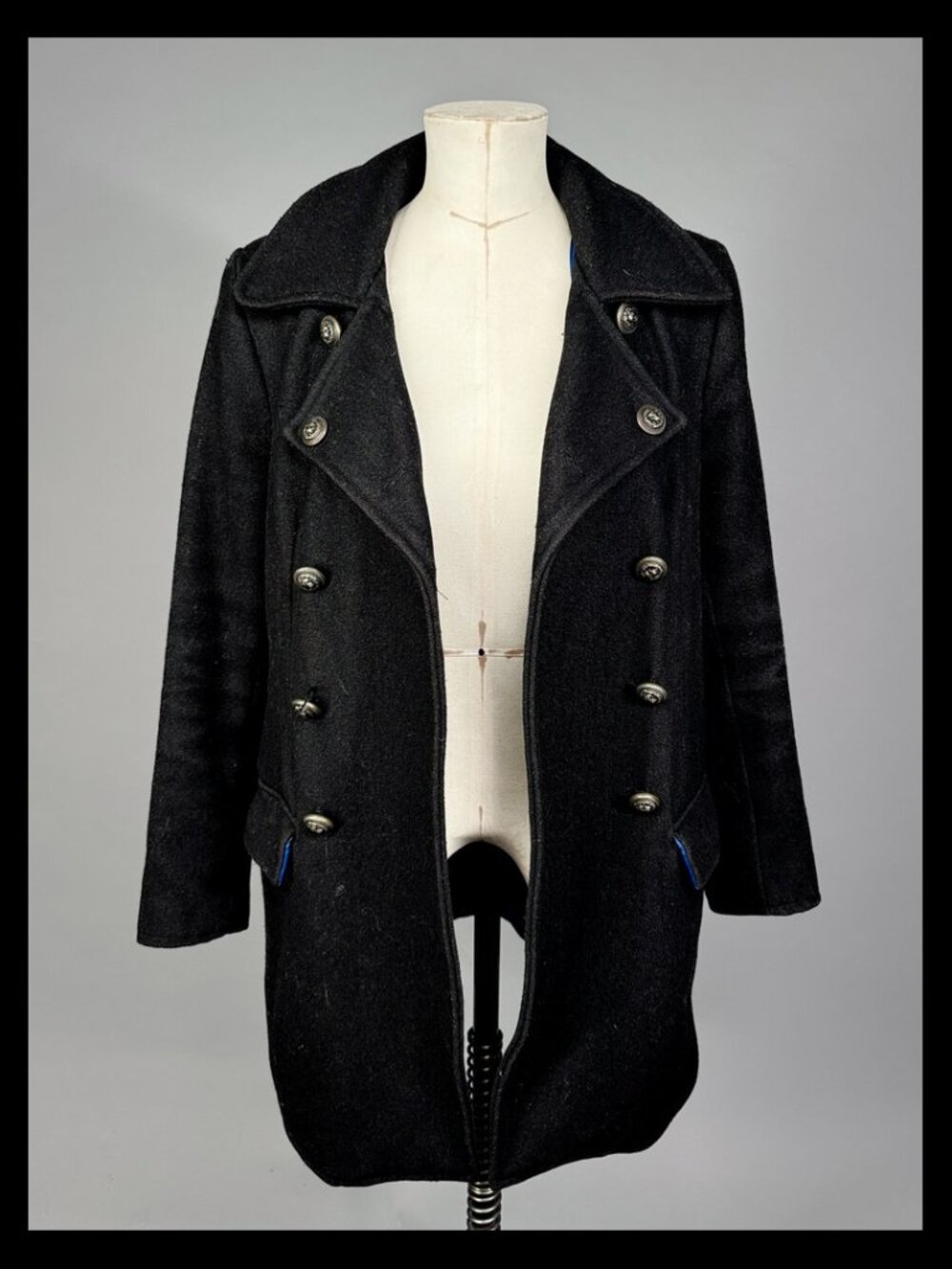 Straight to Hell "Royal" Black Wool Peacoat Lion Buttons Blue Satin Lining